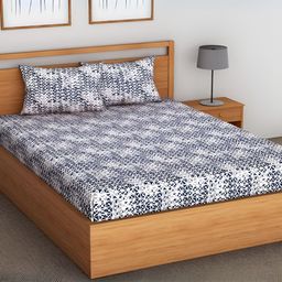Aurave Navy Blue & White Geometric Cotton 144 TC Queen Bedsheet with 2 Pillow Covers-image-48