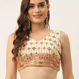 NDS Niharikaa Designer Studio Cream-Coloured & Olive Green Embroidered Padded Saree Blouse-picture-17