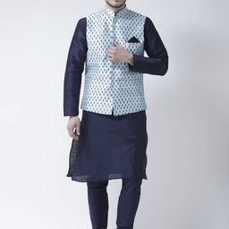 DEYANN Men Navy Blue Solid Kurta with Pyjamas & Nehru Jacket-picture-52