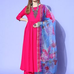 InWeave Round Neck Pleated Anarkali Kurta with Palazzos & Dupatta-image-47