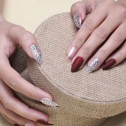 LICK 28 Pcs Matte Red & White With Rhinestones Reusable Press On Nail Extensions-57