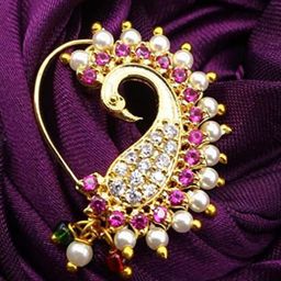 AccessHer Gold-Plated & Kundan Stone-Studded & Beaded Peacock Design Nath-38