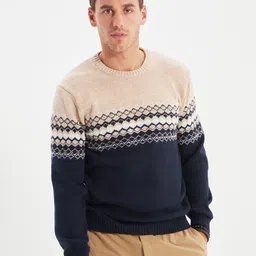 Trendyol Men Navy Blue & Beige Printed Pullover-image-99