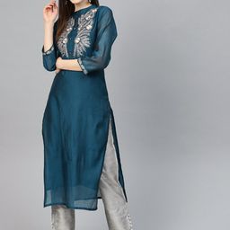 Varanga Women Navy Blue & Grey Ethnic Motifs Embroidered Handloom Kurta with Palazzos-image-25