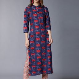 Vishudh Women Navy Blue and Red Floral Printed Kurta Set-picture-10