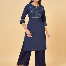 RANGMANCH BY PANTALOONS Geometric Yoke Design Thread Work Pure Cotton Straight Kurta-image-23