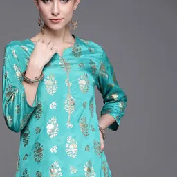 Biba Women Turquoise Blue Ethnic Motifs Foil Printed Keyhole Neck Kurta-19
