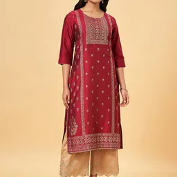 RANGMANCH BY PANTALOONS Ethnic Motifs Woven Design Round Neck Straight Kurta-picture-5