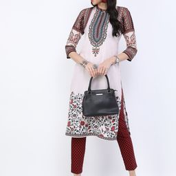 Vishudh Women Cream-Coloured & Maroon Ethnic Motifs Printed Kurta-image-5