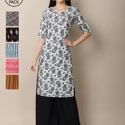 7Threads Women Pack Of 6 Multicoloured Geometric Printed Crepe Kurta-image-43