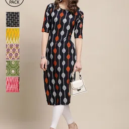 7Threads Women Pack Of 6 Multicoloured Ethnic Motifs Printed Crepe Kurta-image-27