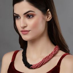 VOGUE PANASH Pink & Black Brass Silver-Plated Beaded Necklace-57