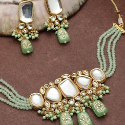 SOHI Gold-Plated Kundan Stone-Studded & Beaded Choker Jewellery Set-picture-57