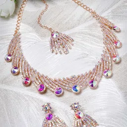 Sukkhi Rose Gold-Plated Rainbow Stone-Studded Necklace With Earrings And Maang Tika-20