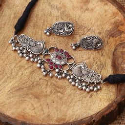 VENI Silver Toned And Red Silver Plated Stone Studded Oxidized Jewellery Set-image-14