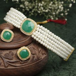 ZENEME Gold-Plated AD Studded Pearl Beaded Brass Jewellery Set-image-49