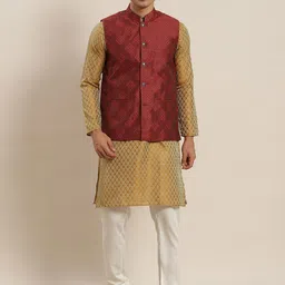 SOJANYA Men Mustard Yellow Ethnic Motifs Kurta with Churidar & Nehru Jacket-picture-23