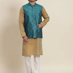 SOJANYA Men Mustard Yellow Ethnic Motifs Kurta with Churidar & Nehru Jacket-picture-25