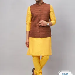 VASTRAMAY Mandarin Collar Straight Kurta With Churidar & Woven Design Nehru Jacket-picture-15
