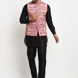Benstoke Men Black Kurta Set Pink Printed Nehru Jacket-picture-42