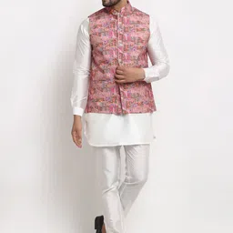 Benstoke Men White Printed Layered Kurta with Pyjamas-picture-27