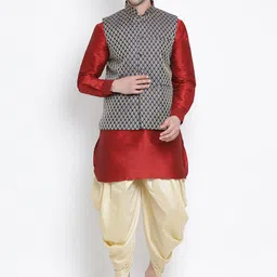 VASTRAMAY Mandarin Collar Regular Kurta With Dhoti Pants & Nehru Jacket-image-93