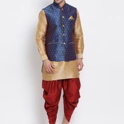 VASTRAMAY Mandarin Collar Kurta With Dhoti Pants & Nehru Jacket-image-100