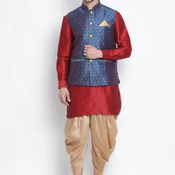 VASTRAMAY Mandarin Collar Kurta with Dhoti Pants & Woven Design Nehru Jacket-image-85