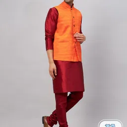 VASTRAMAY Men Band Collar Regular Kurta With Churidar & Nehru Jacket-34