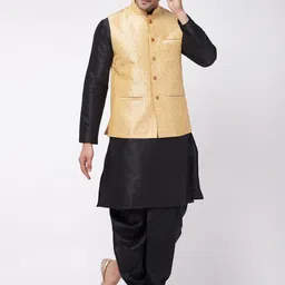 VASTRAMAY Mandarin Collar Zari Kurta with Dhoti Pants & Nehru Jacket-picture-18