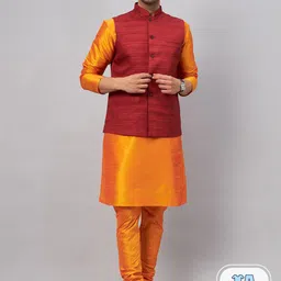 VASTRAMAY Mandarin Collar Straight Kurta With Churidar & Woven Design Nehru Jacket-picture-6