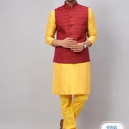 VASTRAMAY Mandarin Collar Kurta with Churidar & Nehru Jacket-picture-15