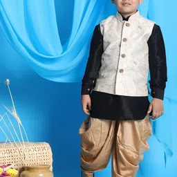 VASTRAMAY Boys Black Thread Work Kurti Dhoti Pants With Embroidered Nehru Jacket-image-29