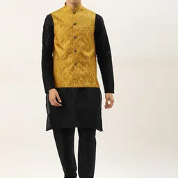 SOJANYA Men Black Kurta with Churidar & Nehru Jacket-picture-16