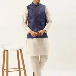 SOJANYA Men Off White & Navy Blue Jacquard Woven Design Kurta with Churidar & Nehru Jacket-11