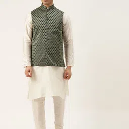 SOJANYA Men Off White & Olive Green Kurta with Churidar And Nehru Jacket-37
