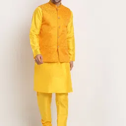 KRAFT INDIA Men Yellow Ethnic Motifs Kurta with Churidar & Nehru Jacket-image-27