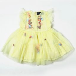 Nuberry Girls Yellow & Blue Cotton Floral Embroidered Net Dress-picture-8