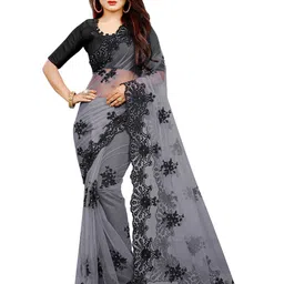 BARKIYA CREATION Floral Embroidered Beads and Stones Net Saree-17