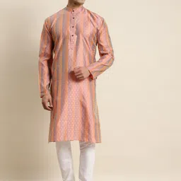 SOJANYA Men Peach-Coloured & Mauve Ethnic Motifs Printed Jacquard Kurta-9