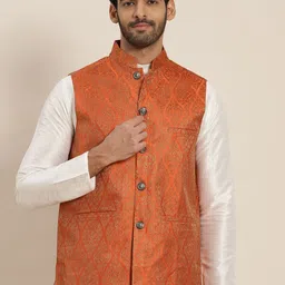 SOJANYA Men Ethnic Motifs Jacquard Silk Blend Nehru Jacket-image-64