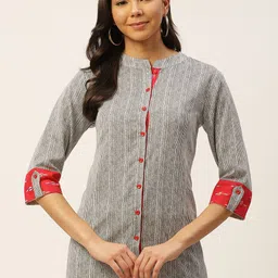 FABRIC FITOOR Women Off-White & Charcoal Grey Regular Fit Striped Pure Cotton Casual Shirt-picture-2
