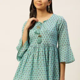 FABRIC FITOOR Blue & Purple Printed Tie-Up Neck Bell Sleeves Pure Cotton A-Line Top-34