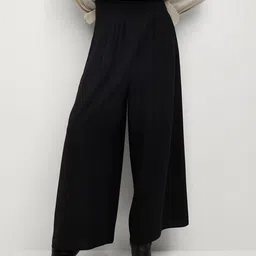 MANGO Women Black Flared Solid High Rise Pleated Regular Trousers-image-95