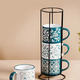 Nestasia Green & White 5 Pieces Printed Ceramic Eclectic Stackable Cups With Stand 200 ml-18