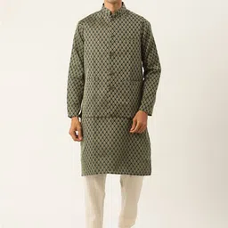 SOJANYA Men Green Ethnic Motifs Kurta with Churidar & Nehru Jacket-45