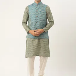 SOJANYA Men Green & Teal Blue Ethnic Motifs Kurta with Churidar & Nehru Jacket-image-70