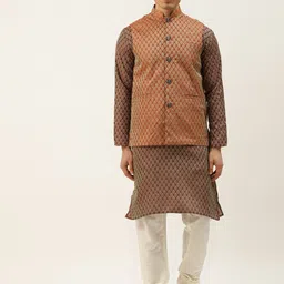 SOJANYA Men Maroon & Beige Ethnic Motifs Kurta with Churidar & Nehru Jacket-image-36