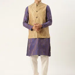 SOJANYA Men Purple Ethnic Motifs Kurta with Churidar & Nehru Jacket-image-45