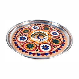 apka mart Steel & Red Peacock Design Pooja Plate-33
